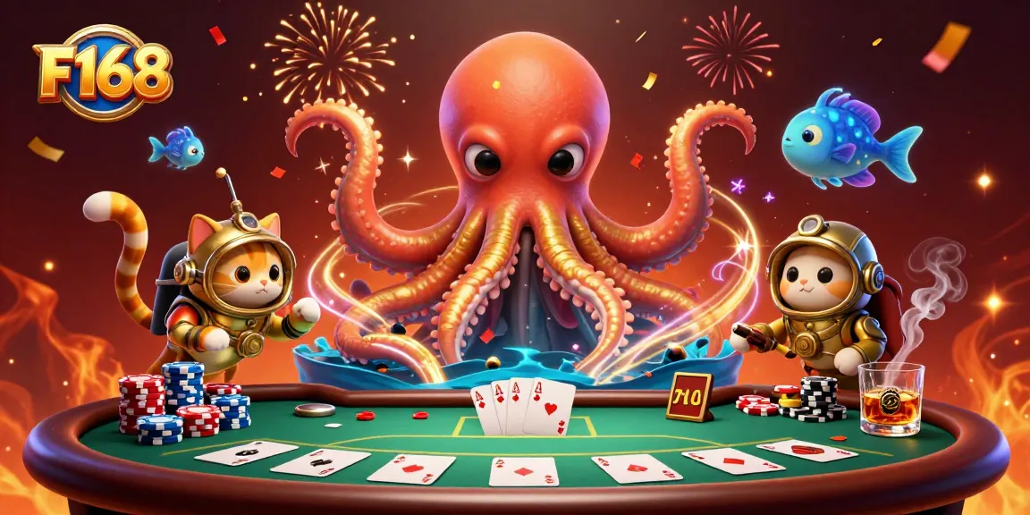 Experience thrilling games at F168 with a kraken and diving cat in a vibrant casino ocean.