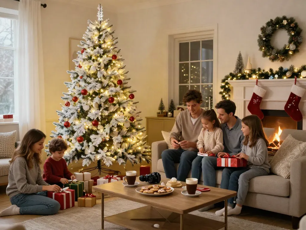 Vibrant living room with an artificial white xmas tree, family unwrapping gifts and enjoying hot cocoa.