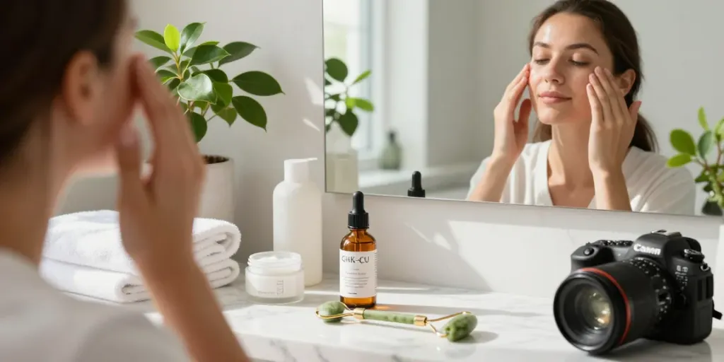 Applying GHK-Cu serum in a bright bathroom, showcasing skincare routine and healthy glow.