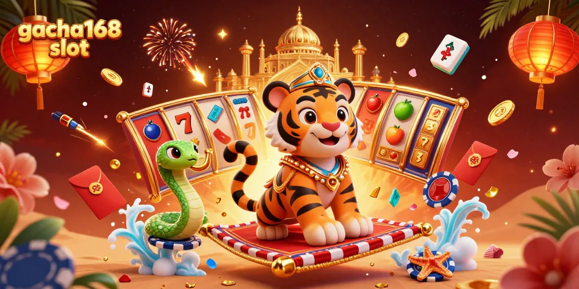 Play gacha168 slot featuring a vibrant 3D illustration of an Arabian tiger sultan with slot elements showcasing thrilling casino action.