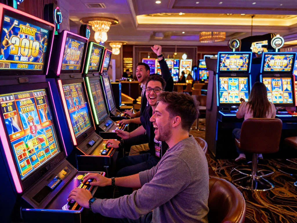 Players enjoying the thrill of slot888 games in a vibrant casino atmosphere