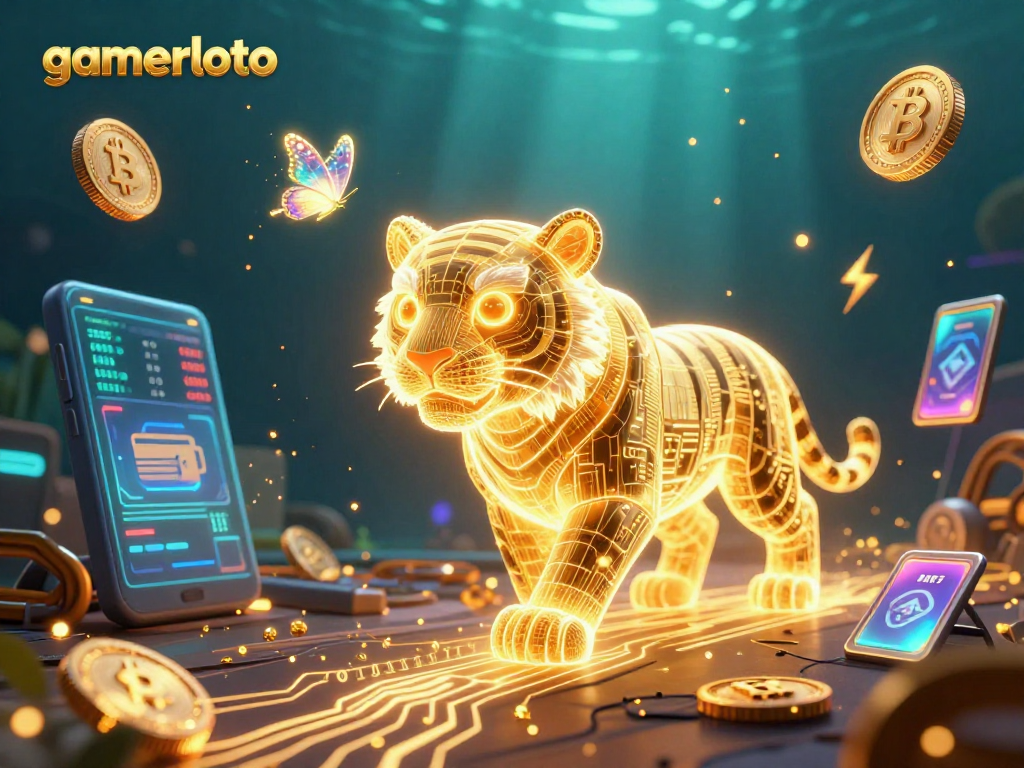 Engage with gamerloto in this vibrant, detailed 3D digital casino scene featuring a golden tiger and cryptocurrencies.