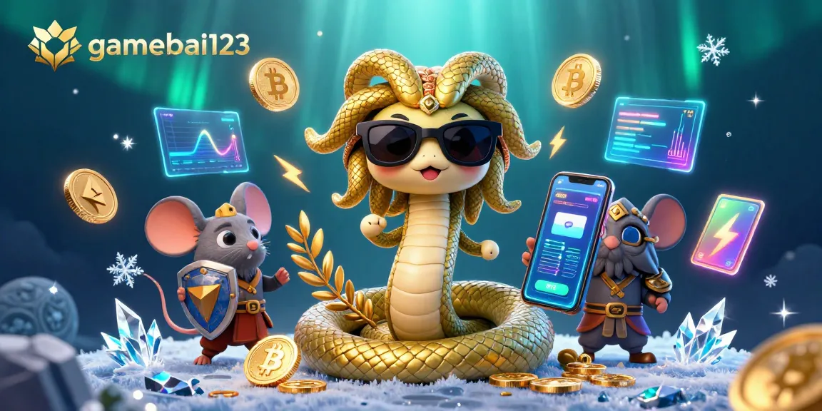 Experience the excitement of gamebai123 with friendly characters and illuminating crypto elements in an engaging, casino-themed scene.