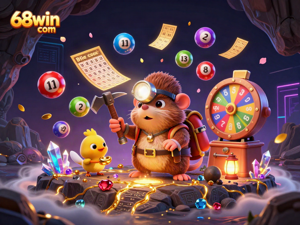 Experience the thrill of 68win com with vibrant lottery elements and characters within a dynamic casino scene.