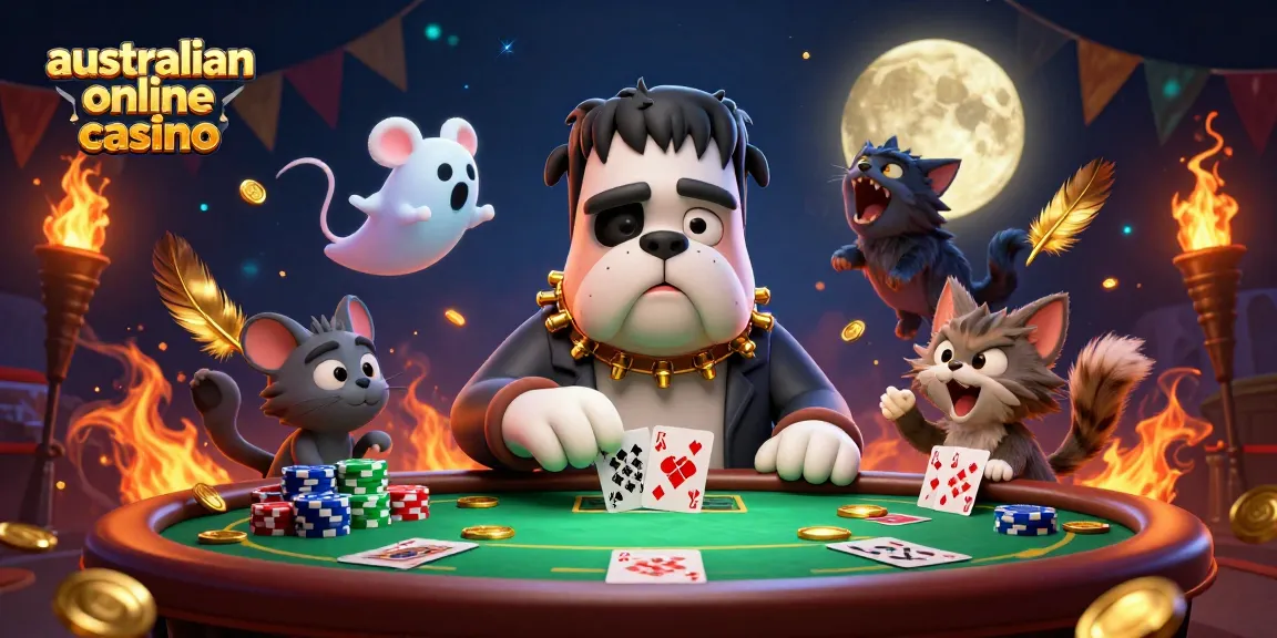 Australian online casino scene where a Frankenstein bulldog deals poker cards amidst glowing golden coins and a ghostly mouse.