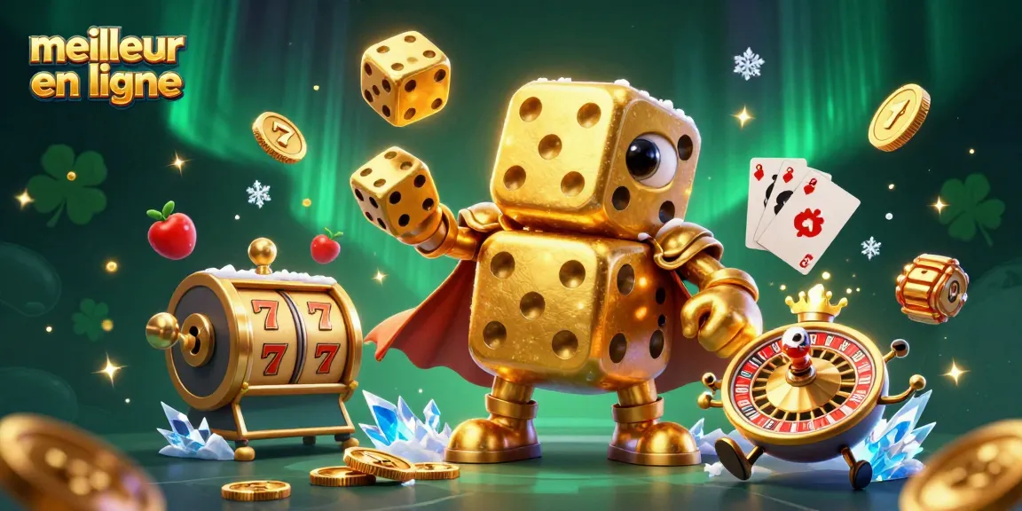 Illustration colorée du meilleur casino en ligne avec des dés dorés et des symboles de machines à sous.