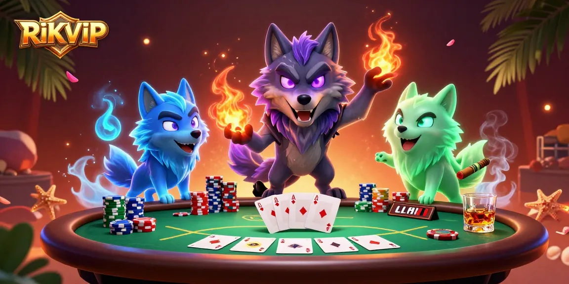 RIKVIP players enjoying a dynamic poker scene with spectral wolves and vibrant casino elements.