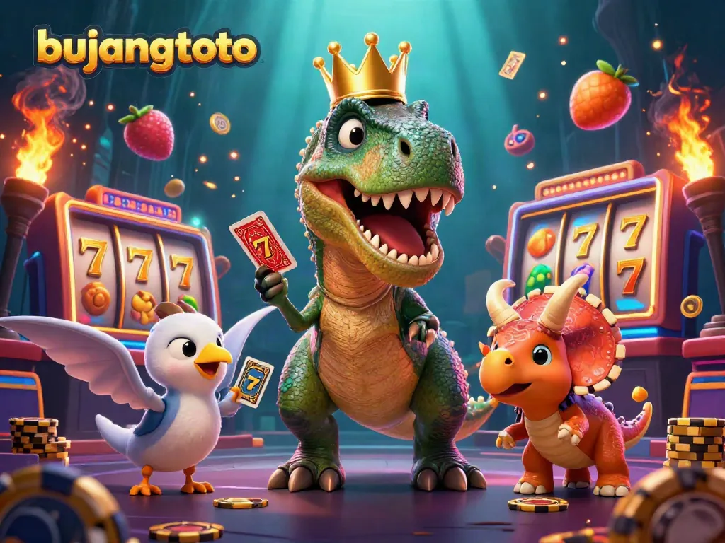 Experience the thrilling world of bujangtoto with a T-Rex dealer and sports-themed elements in 3D illustration.
