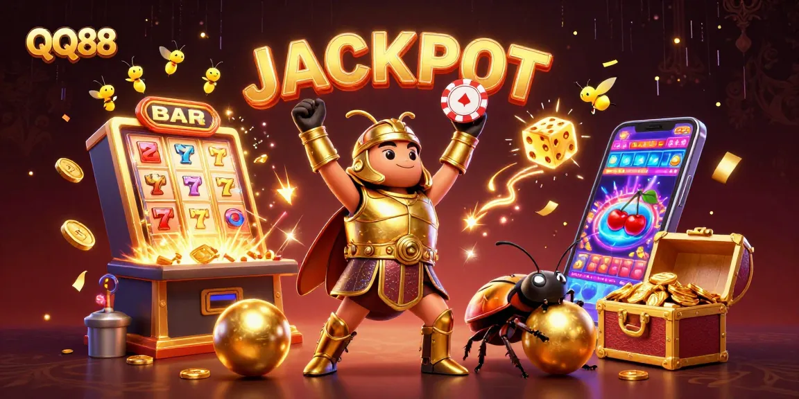 QQ88 features exciting gameplay with a victorious hercules beetle lifting a poker chip amidst rich casino elements.