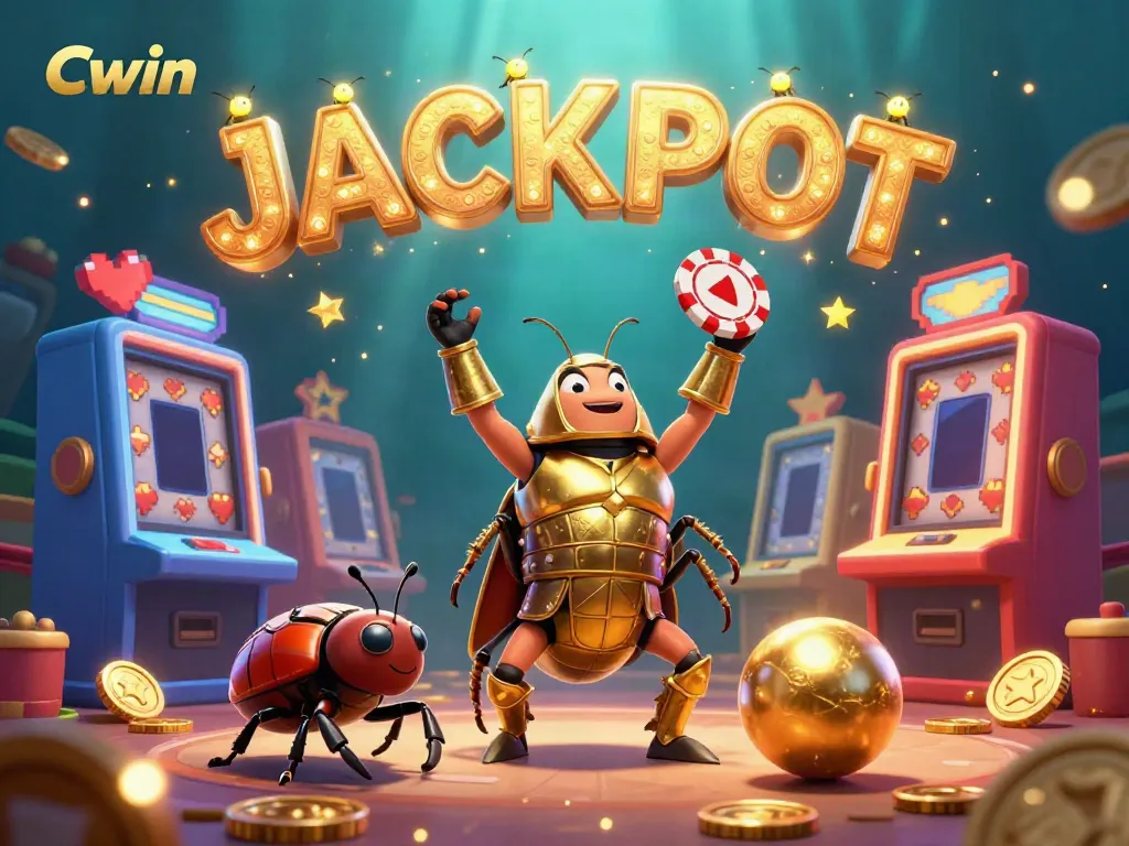 Cwin celebrates a big win with a victorious beetle holding a poker chip amidst interactive casino elements.