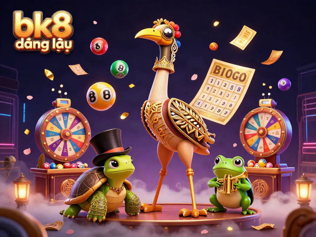 Engage in exciting gameplay with bk8 đăng nhập as vibrant lottery balls bounce among charming characters in a casino setting.