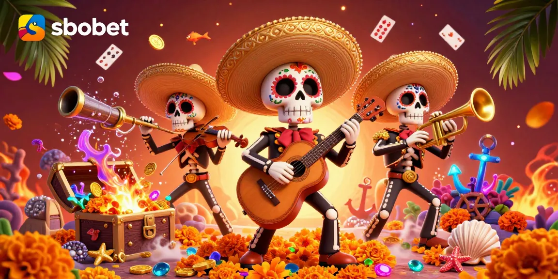 Engage in sbobet bets with vibrant skeleton mariachi band surrounded by treasure, cards, and casino elements.