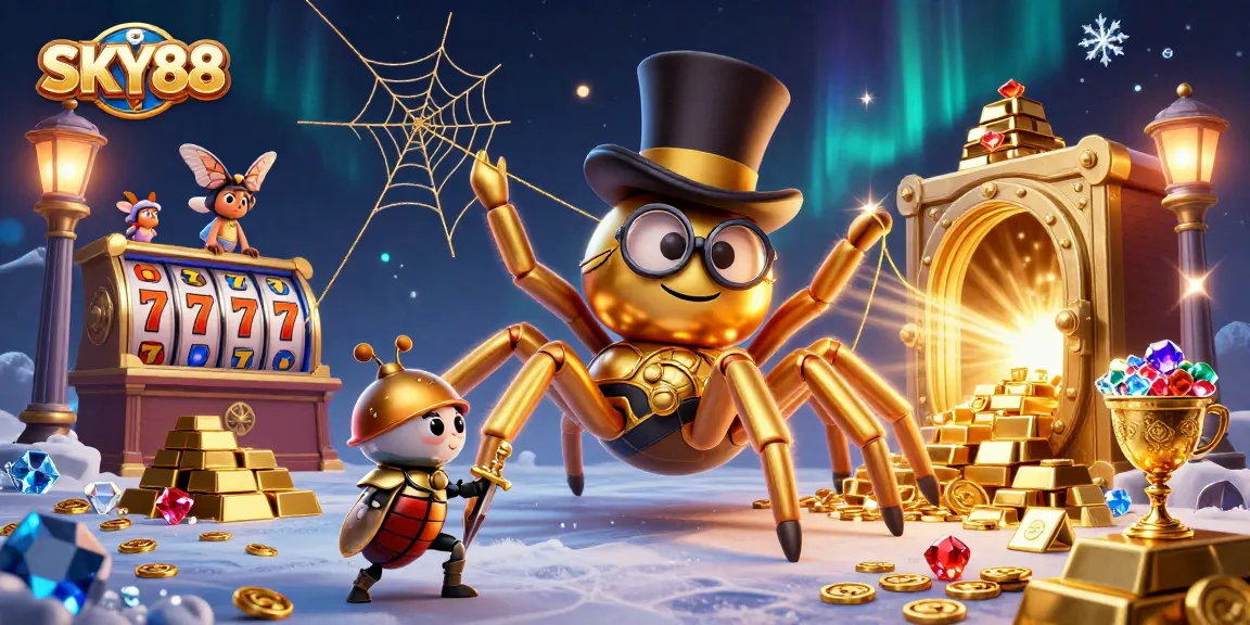 SKY88 features a dynamic illustration with a giant golden tarantula and beetle knight in a vibrant casino setting.