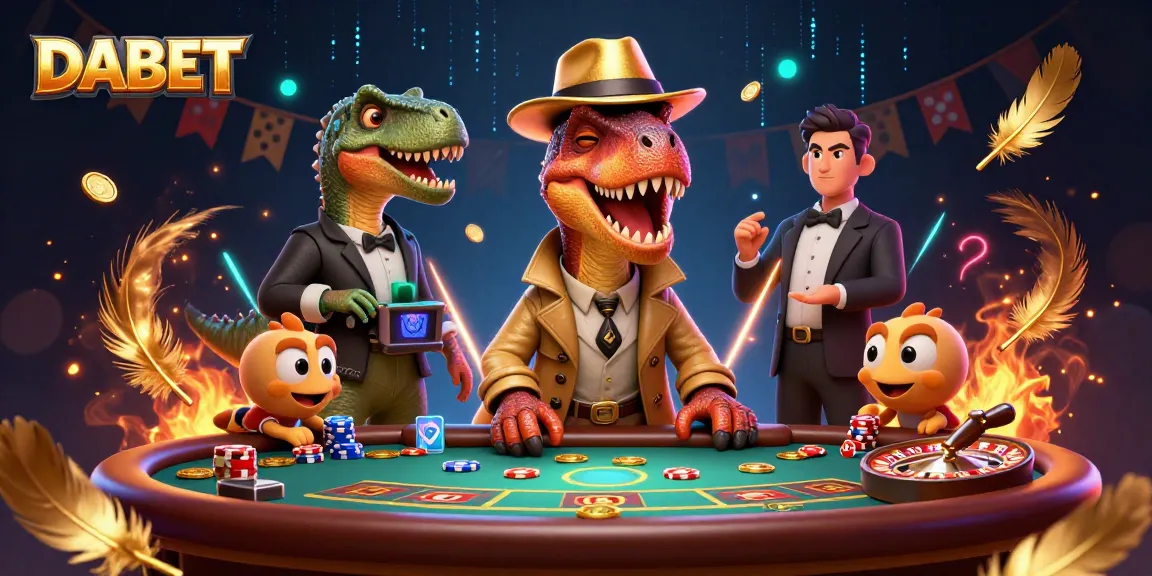 DABET shows a velociraptor card counter at a blackjack table while a stegosaurus pit boss watches