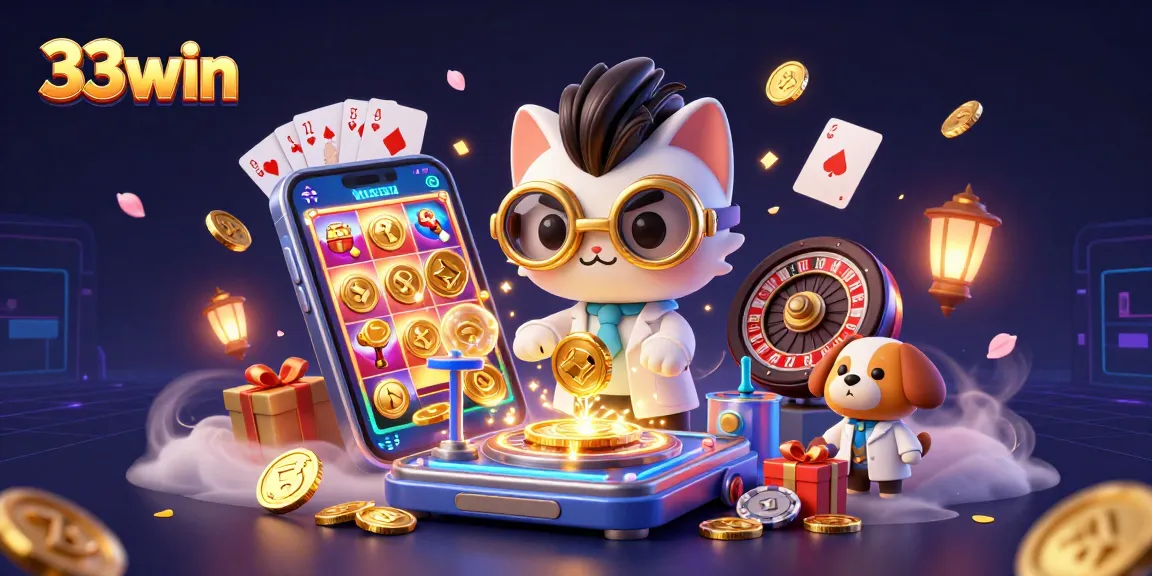 Experience immersive gaming with 33win's vibrant casino scene featuring playful characters and thrilling elements.