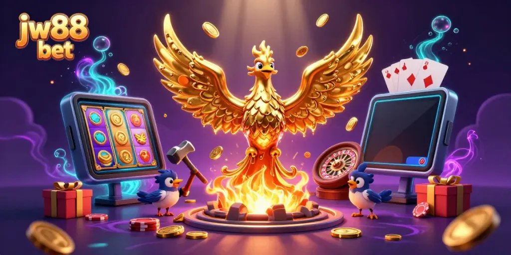 Experience the thrill of winning with jw88 bet, featuring a molten phoenix and dynamic casino elements.