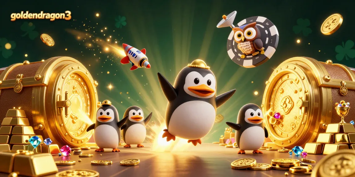 Engage with goldendragon3 as a golden penguin navigates a dazzling casino landscape, collecting treasures.