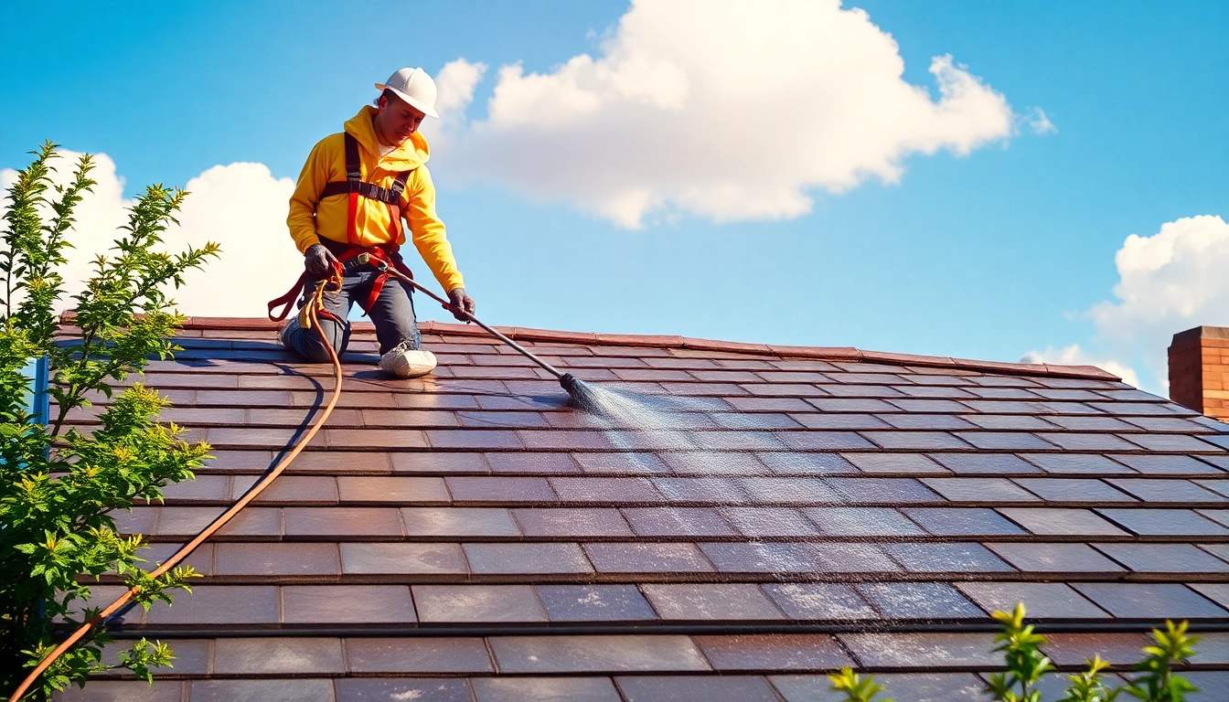 Expert roof cleaning process, showcasing safe techniques on a well-maintained slate roof.