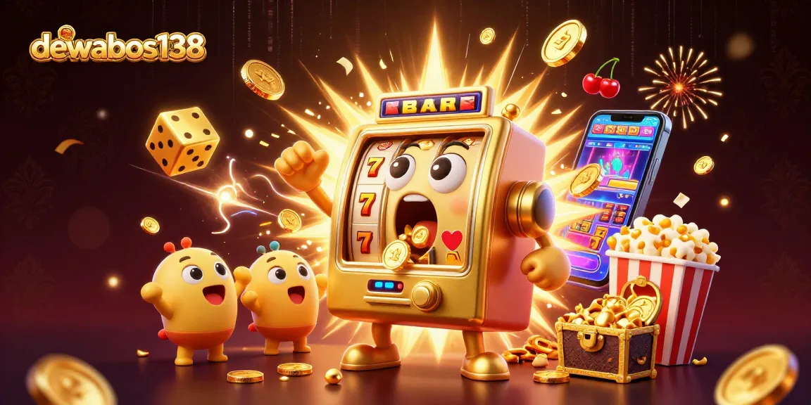 Experience the excitement of dewabos138 as the golden slot machine hits a jackpot, surrounded by coins and cheering baby machines.