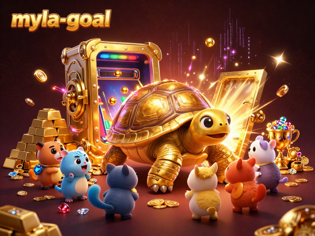 Join the excitement of myla-goal as small animals await their turn to play with the colossal golden tortoise.
