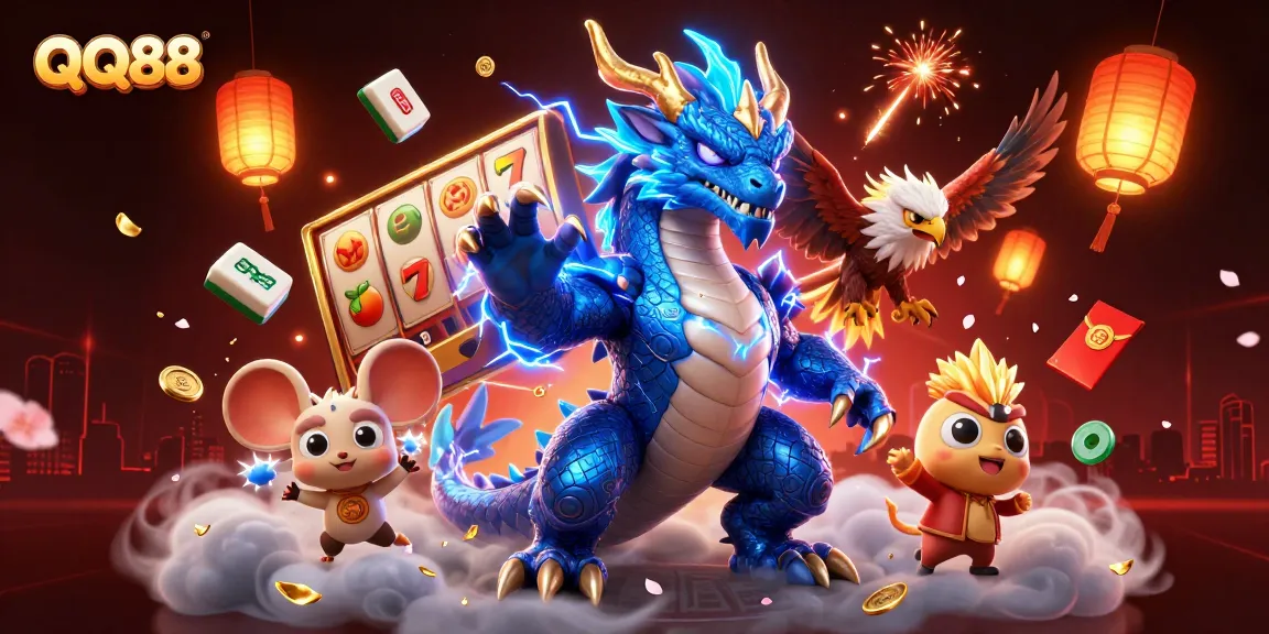 Engage with QQ88's thrilling jackpot action featuring electrifying characters and vibrant casino elements.