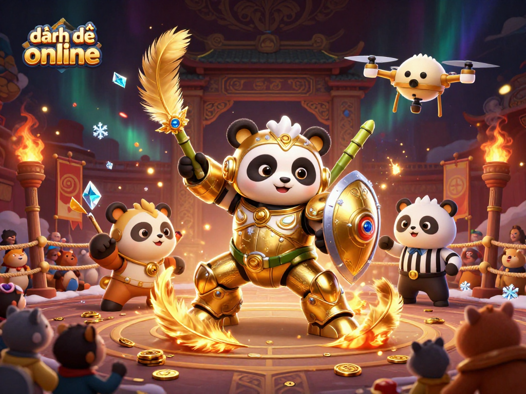 Engage with đánh đề online through this vivid 3D illustration featuring a mech-suit golden panda in a dynamic gaming arena.