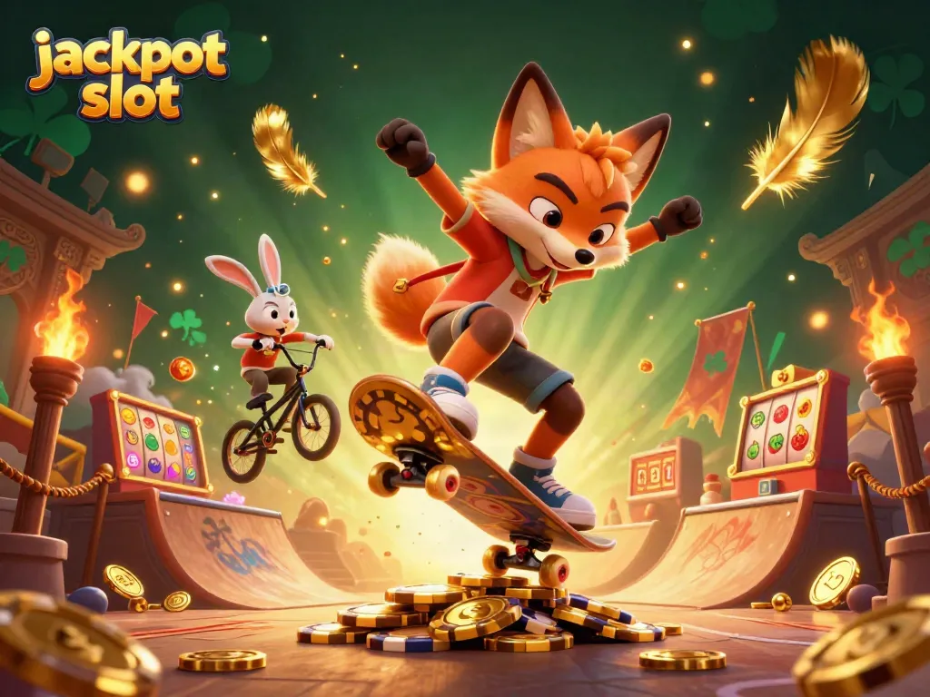 Experience dynamic jackpot slot action with a skateboarder fox and BMX rabbit showcasing thrilling tricks.