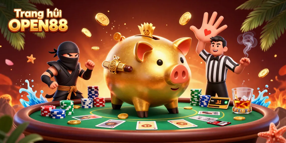 Engage with the thrilling action of Trang chủ OPEN88, showcasing a triumphant sumo piggy bank surrounded by poker elements.