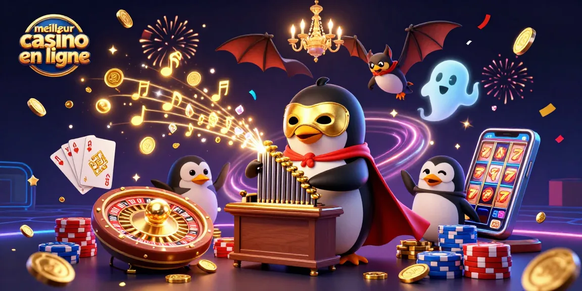Découvrez le meilleur casino en ligne avec un pingouin jouant un orgue, dispersant des pièces d'or.