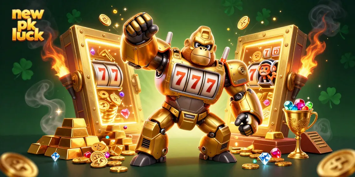 Spin the reels with new pk luck at an exciting casino adventure featuring a golden mech and treasures.