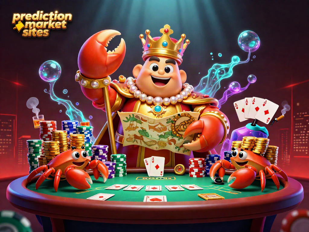 Engage with exciting prediction market sites featuring a golden crab emperor in a vibrant scene.