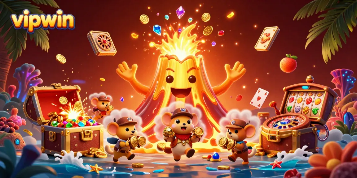 Experience thrilling wins with vipwin amid a colorful eruption of coins and gems in a dynamic casino setting.