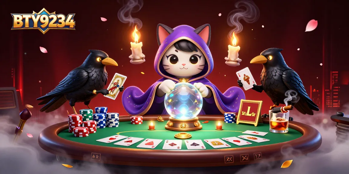 Engage with BTY9234’s vibrant poker scene showcasing a mystic cat and charming raven.
