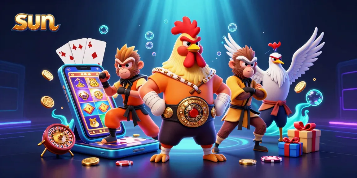 Experience the thrill of casino gaming with sun-inspired vibrant 3D characters and slot game elements.