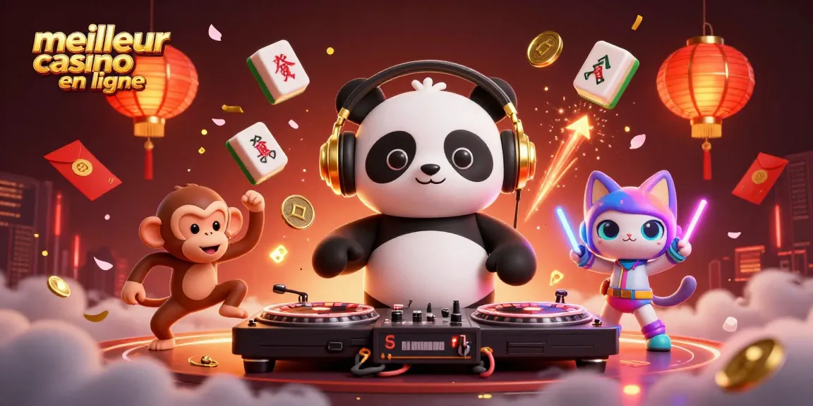 Illustration vibrante représentant un DJ panda sur un meilleur casino en ligne, avec des éléments de jeux flottants