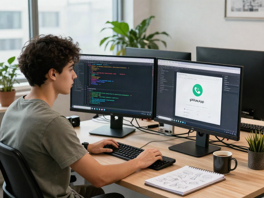 Developer working on gb whatsapp apk code with monitors in modern office.