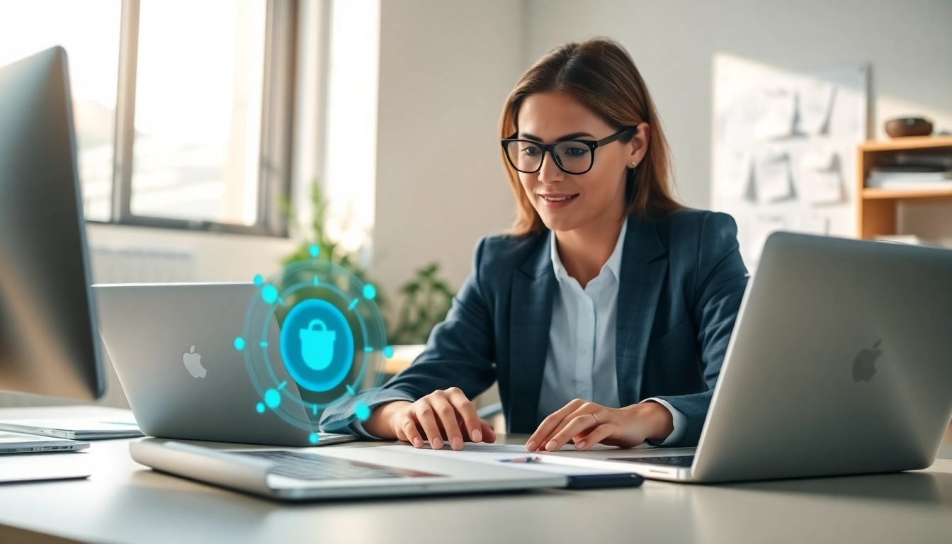 AI that replies to scheduling emails assisting a professional in a bright office.
