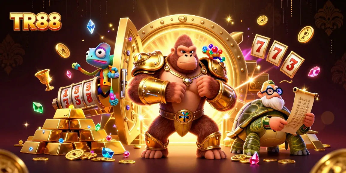 Engage with TR88 in this dynamic 3D illustration showcasing thrilling casino elements and characters.