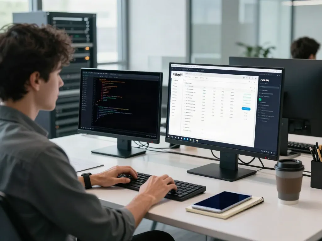 Data analyst reviewing v2rayN官网 metrics in a modern office