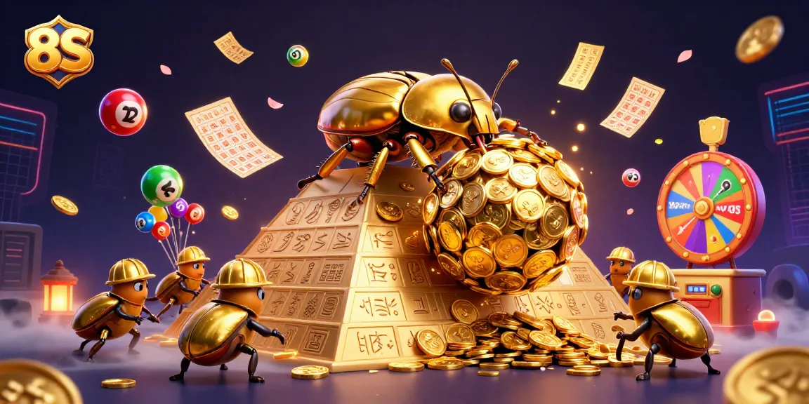 Engage in 8S casino adventures with a golden beetle rolling coins amid dynamic lottery elements.