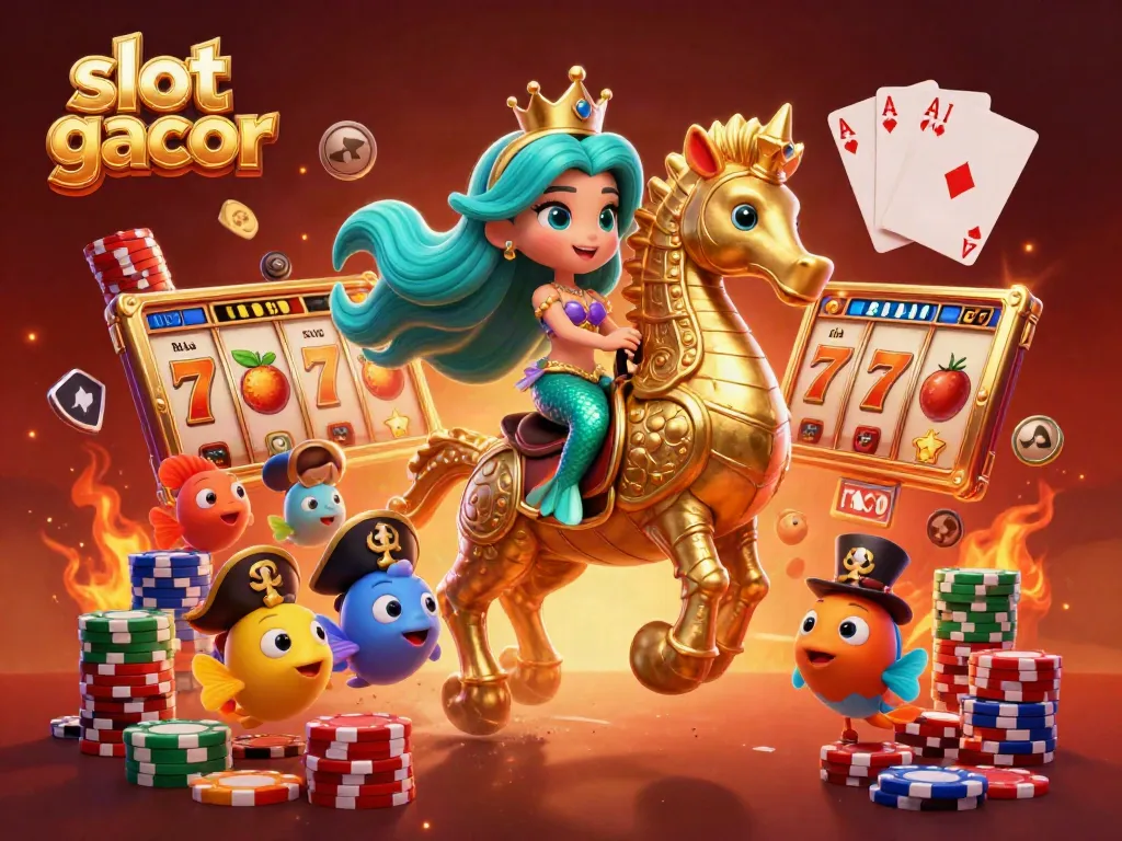 Experience the thrill of slot gacor with our vibrant mermaid princess and her seahorse in a dynamic casino scene.
