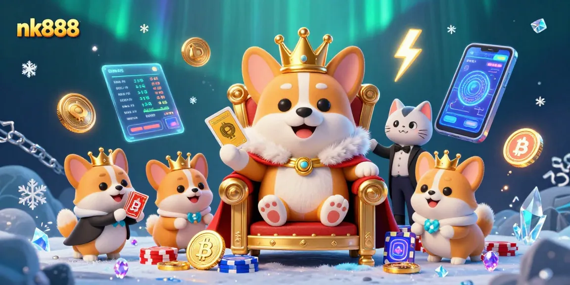 Play games and win with nk888 at a vibrant casino featuring animated characters and cryptocurrency elements.