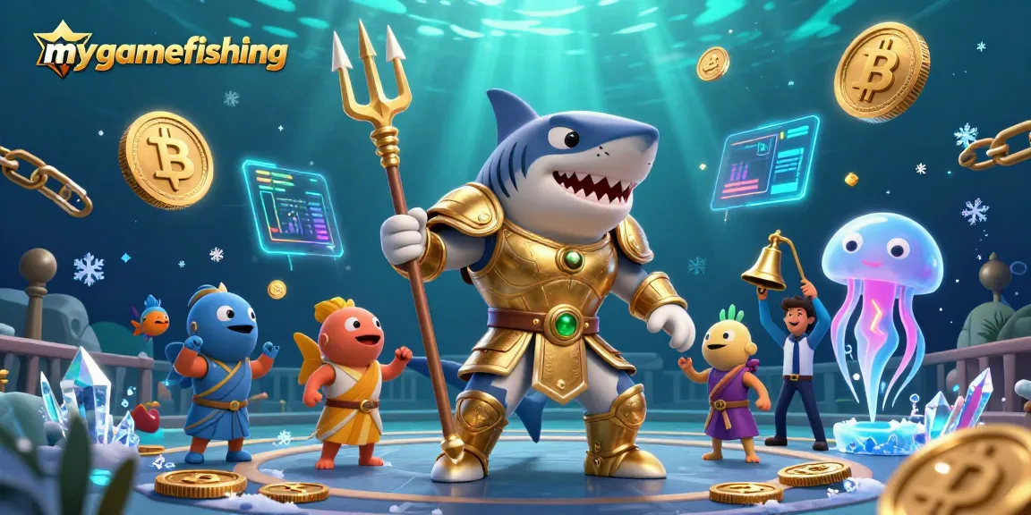 Experience the thrill of mygamefishing with an underwater casino showdown featuring a tiger shark, jellyfish referee, and vibrant crypto elements.