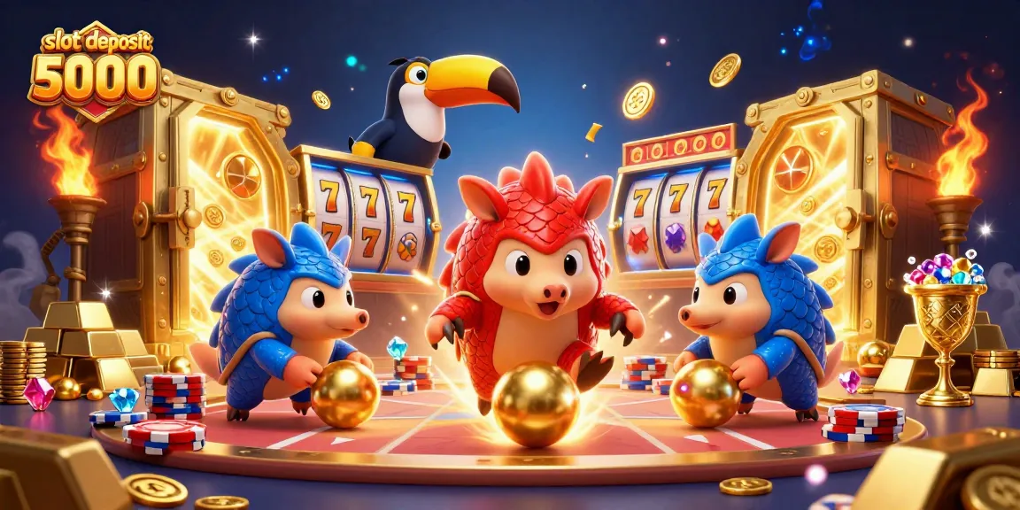 Gambarlah slot deposit 5000 membuat taruhan di permainan dengan pangolins dan koin emas.