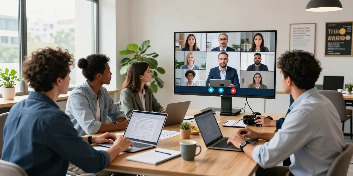 Team collaborating during a virtual meeting at https://www.bdtjl.app/ in a bright co-working space with technology and teamwork elements.