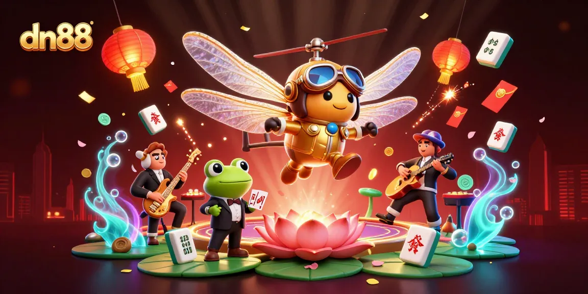 Experience the excitement of dn88 with a dynamic casino scene featuring a dragonfly pilot and frog dealer.