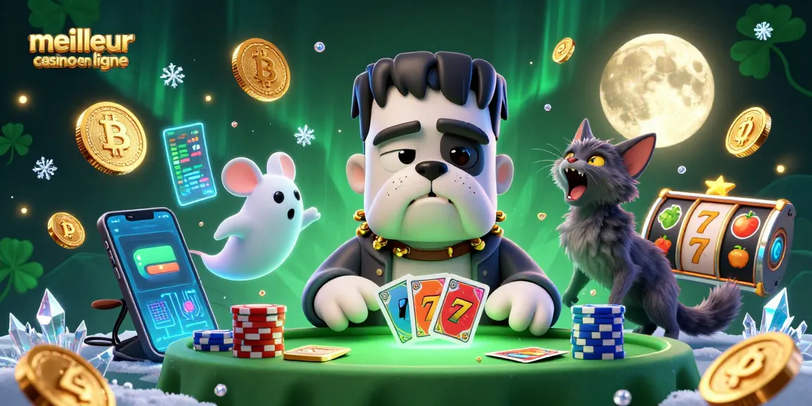 Le meilleur casino en ligne offre une scène animée avec Frankenstein bulldog, une souris fantôme et un chaton loup.