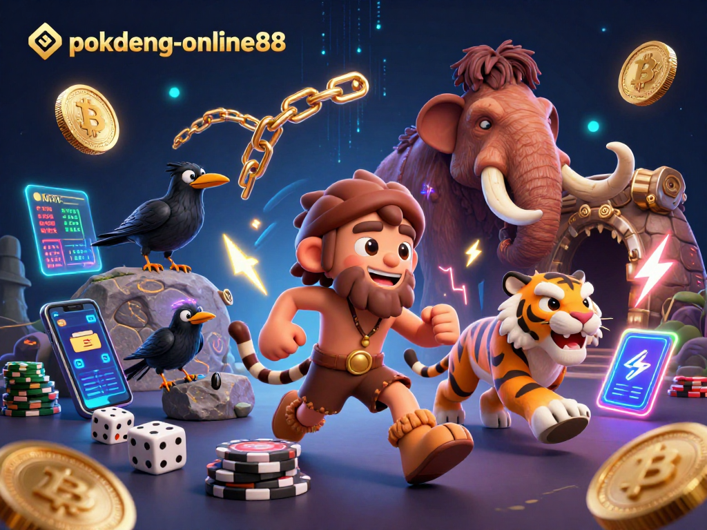 Experience thrilling moments at pokdeng-online88 with cavemen and sabertooth tigers in a dynamic casino scene.