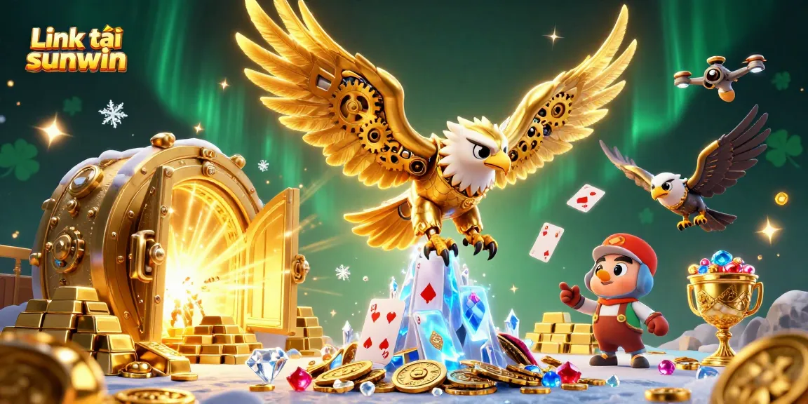 Play and win with Link tải sunwin, showcasing an eagle diving through holographic cards in a casino atmosphere.