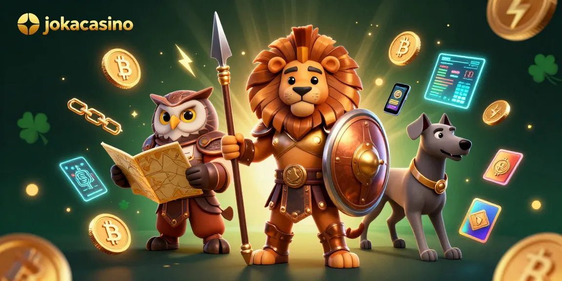 Join the action at jokacasino with Spartan lion and tactical owl amidst glowing crypto coins.